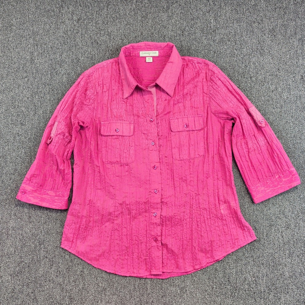 Coldwater Creek Boho Crinkle Button Up Shirt M Pink Damask Roll Tab‎ Sleeve Top